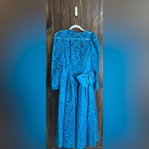 Vintage Dance-Allure Blue Lace Dress-Fit & Flair -Long Sleeve-sz 9/10 - Picture 5 of 14